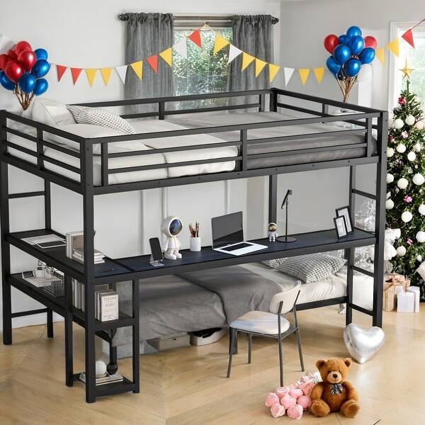 slide 2 of 12, Black Metal Bunk Bed with Desk,LED and USB, Full XL Over Twin Black