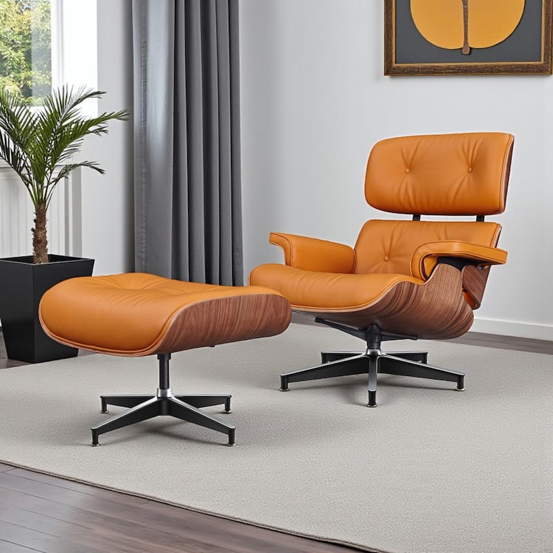 HomeRoots 28" Orange and Light Brown Tufted Genuine Leather Lounge Chair With Ottoman - 28.30 in. x 29.00 in. x 20.50 in. - 28.30 in. x 29.00 in.  x 20.50 in.