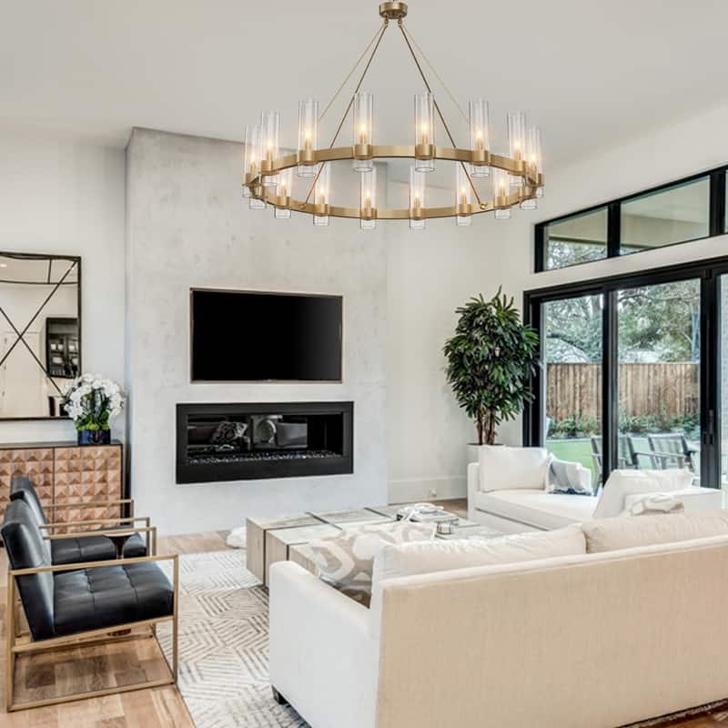 KAYLA 48" 16-Light Gold Chandelier, Wagon Wheel Chandelier with Glass Shade, Modern Farmhouse Chandelier - 48in