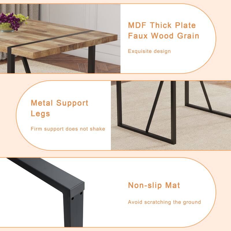 Modern Dining Table with Wood Textured Tabletop Unique Spliced Pattern Office Table with Anti-Slip Feet