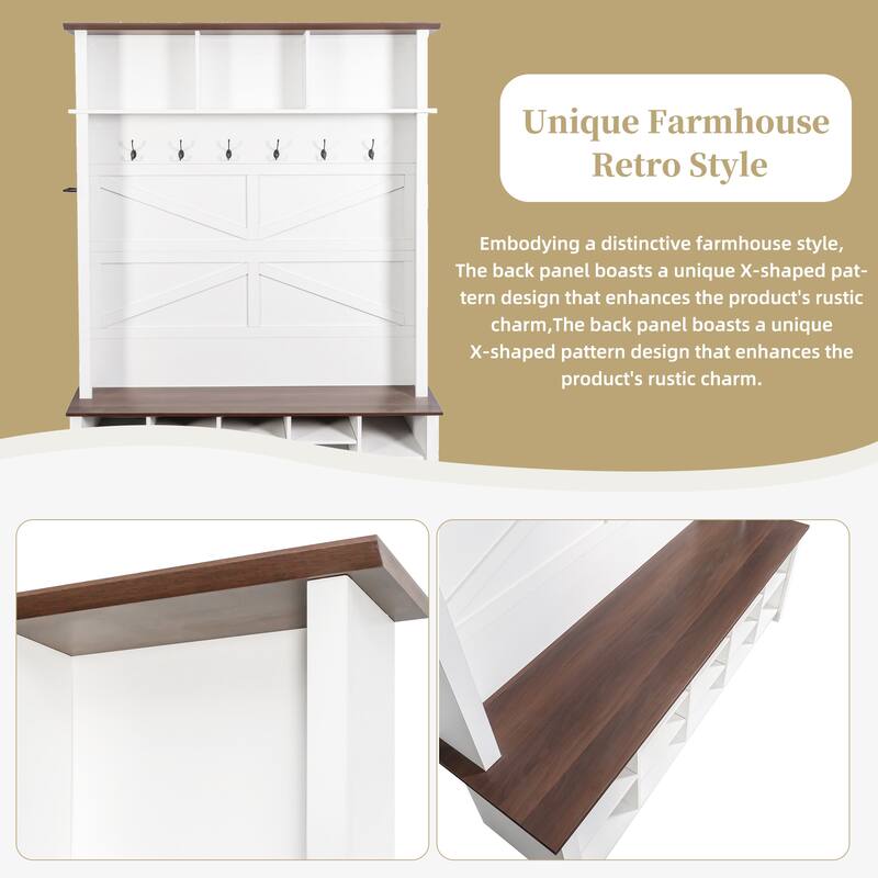 Hall Tree Entryway Bench with 6 Hooks, Rustic White Shoe Organizer with 16 Open Compartments for Mudroom
