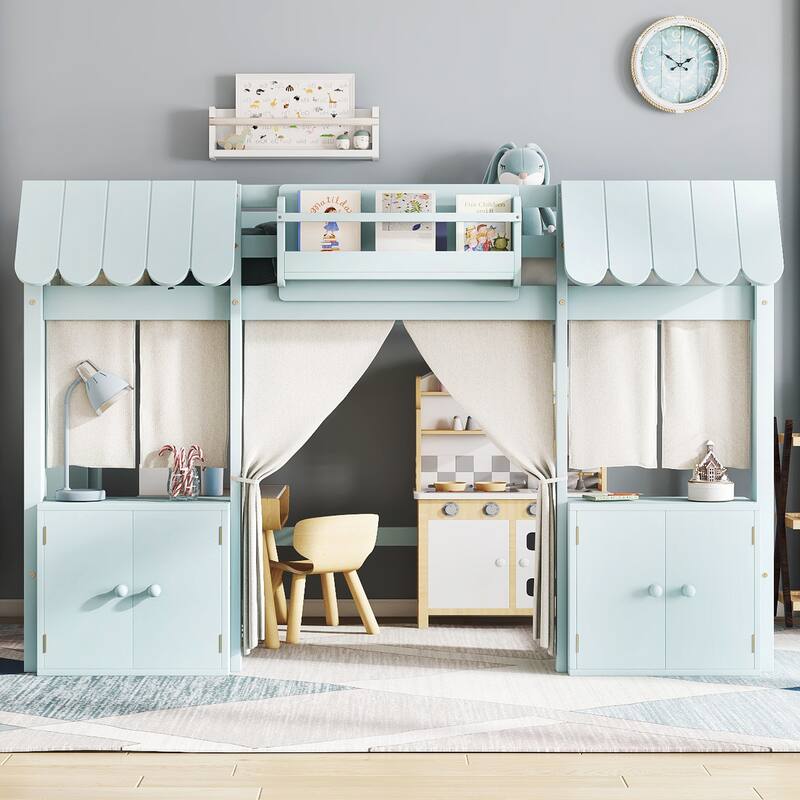 Roomfitters Low Loft Bed with Curtain and Storage, Solid Wood Cottage Frame with Bookshelf - Light Blue - Twin