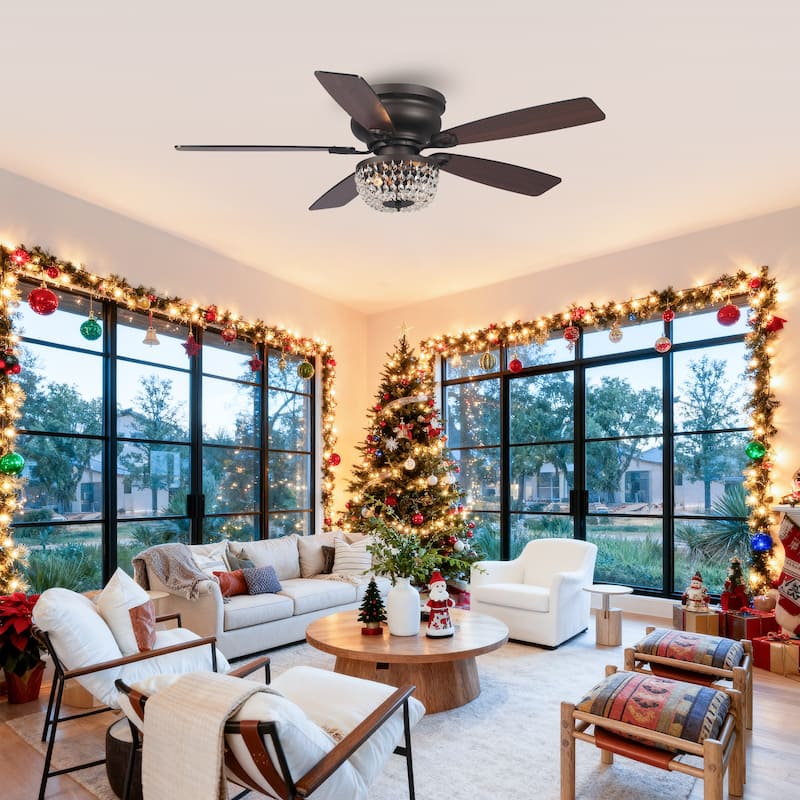 48" Modern 5-Blade Flush Mount Crystal Ceiling Fan with Remote
