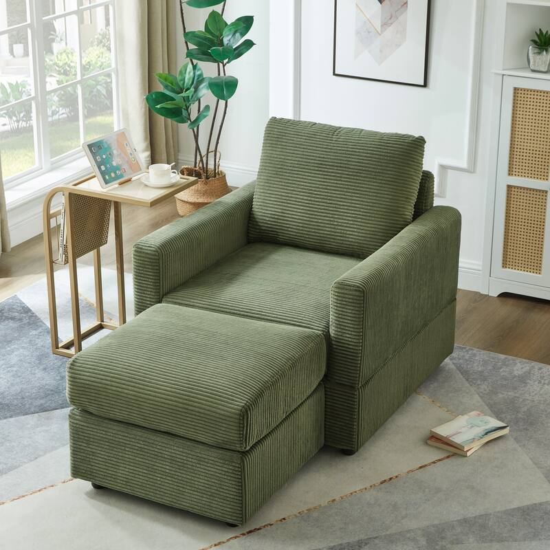 Classic Corduroy Chaise Lounge Chair with Ottoman,Upholstered Sofa Couch Chair for Living Room,Accent Lounge Chair with Armrests
