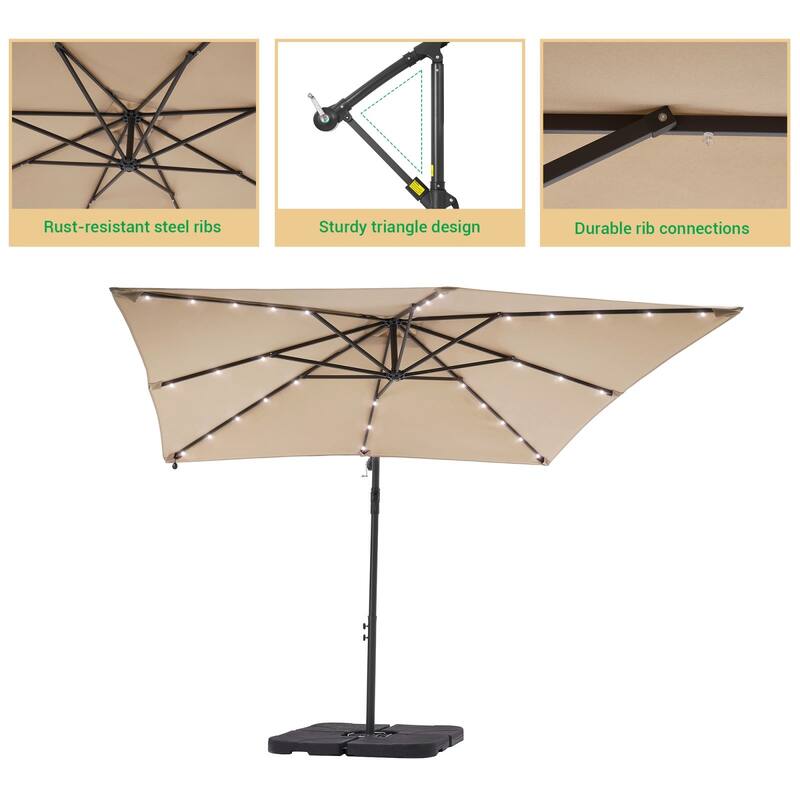 LIVOOSUN Solar Powered 8.2ft LED Patio Offset Umbrella With Base