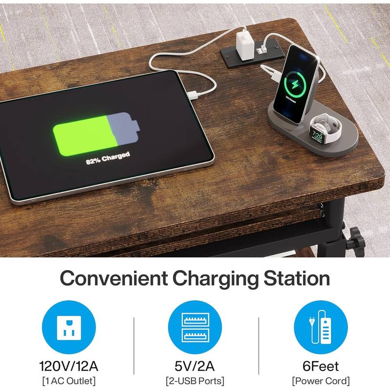 28"-39.3" Height Adjustable Portable Desk with Power Outlet & USB Ports - Brown