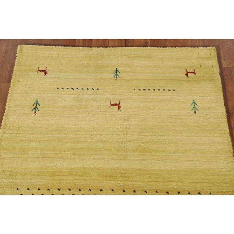 Tribal Gabbeh Area Rug Hand-knotted Green Wool Carpet - 3'2"x 4'11"