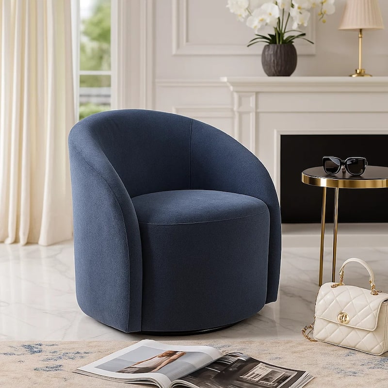 Saho Swivel Accent Chair, Barrel Style, Foam Padded, Modern Blue Boucle