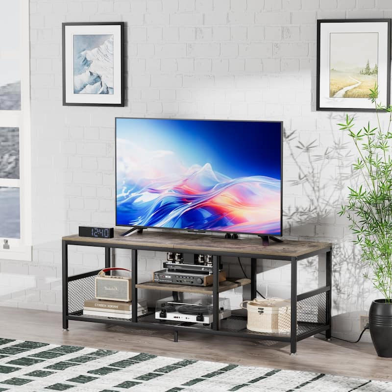 VECELO 55 Inch Grey TV Stand TV Media Console Table Entertainment Center with Power Outlets and Open Storage Shelves