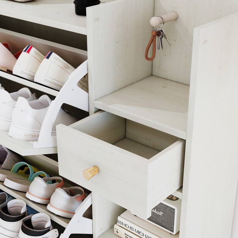 Boho-Inspired Shoe Organizer Rack Cabinet with 3 Rattan Flip Storage Drawers, 3 Shelves, and Hooks for Hallway, Entryway
