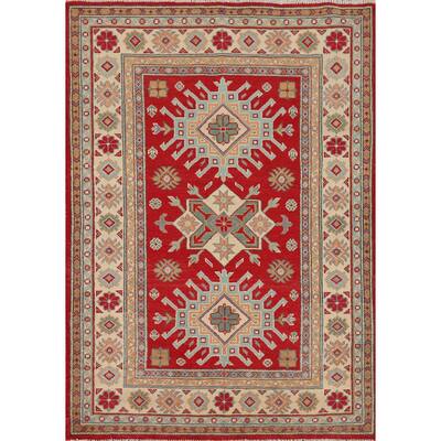 Kazak Accent Rug Handmade Geometric Red Wool Carpet - 3'5" x 4'11"