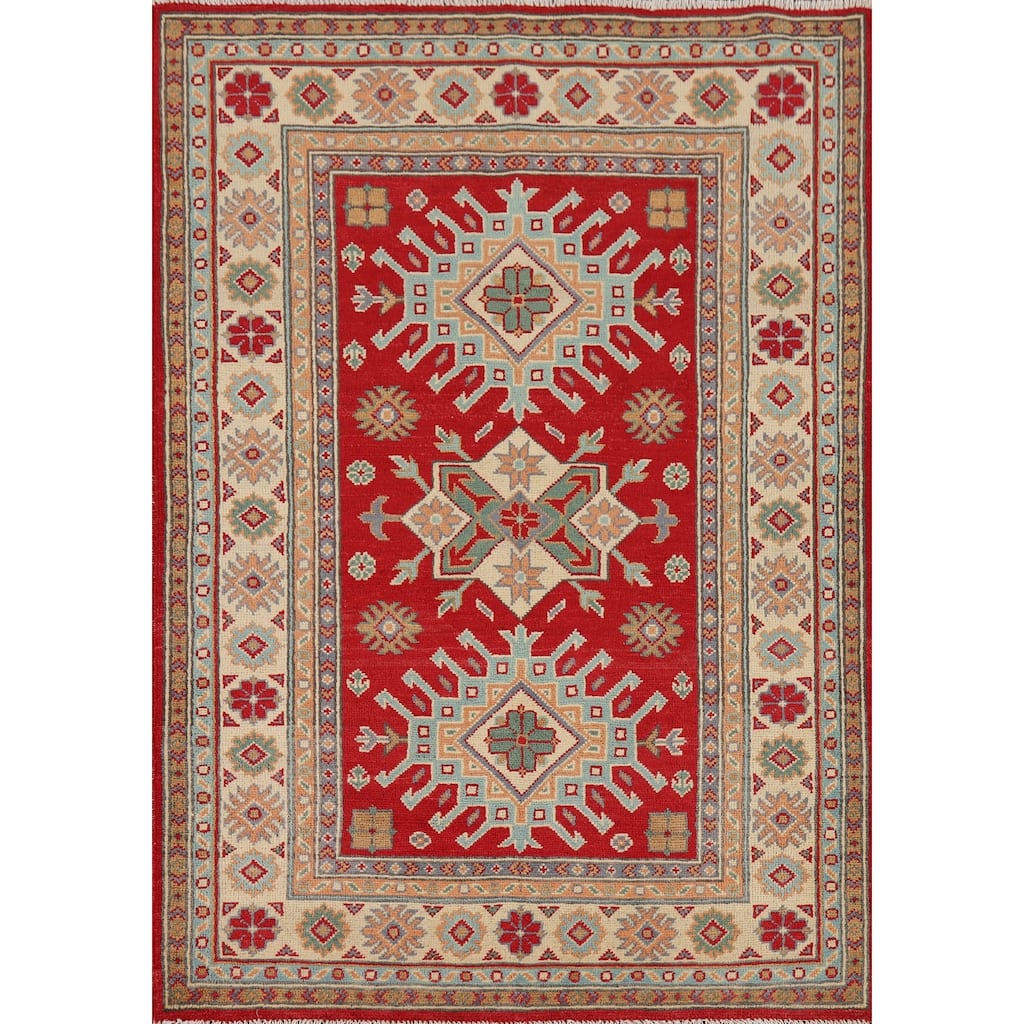 Kazak Accent Rug Handmade Geometric Red Wool Carpet - 3'5" x 4'11"