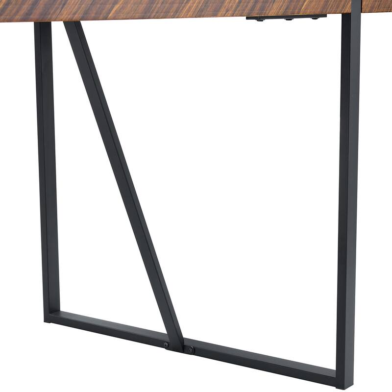 Fishbone Pattern Dining Table with Inset Metal Legs, Dark Wood Textured Tabletop Office Table with Anti-Slip Feet