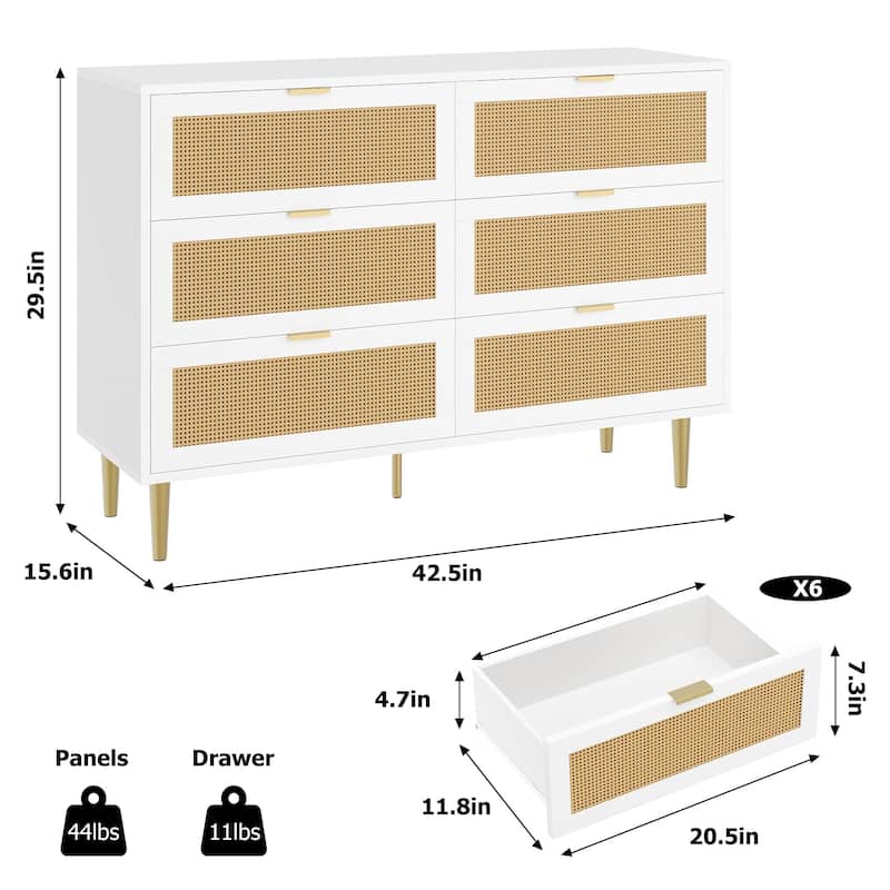 Natural Rattan 6-Drawer Dresser with Gold Legs & Handles, Wide Storage Chest for Bedroom or Living Room