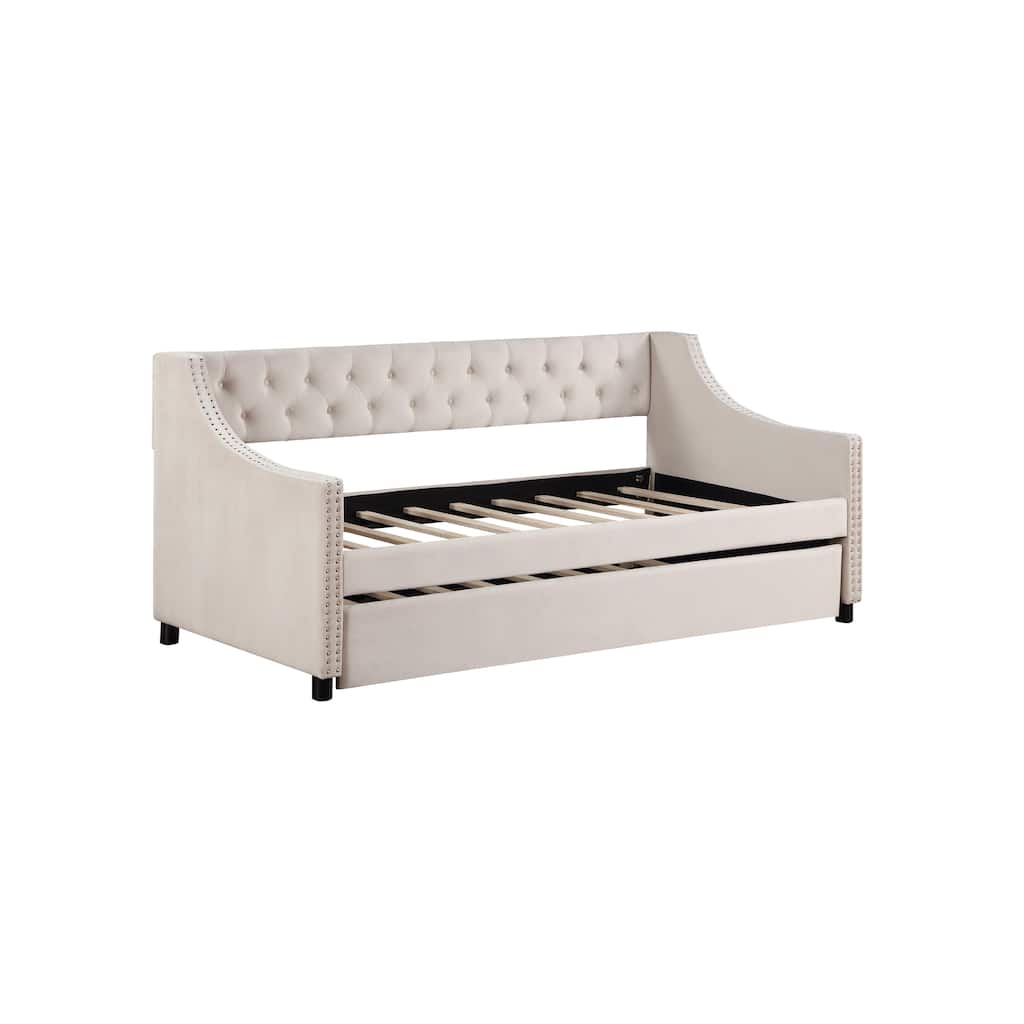 Beige Full Size Modern Upholstered Tufted Daybed with Trundle