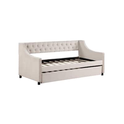 Beige Twin Size Modern Upholstered Tufted Daybed with Trundle