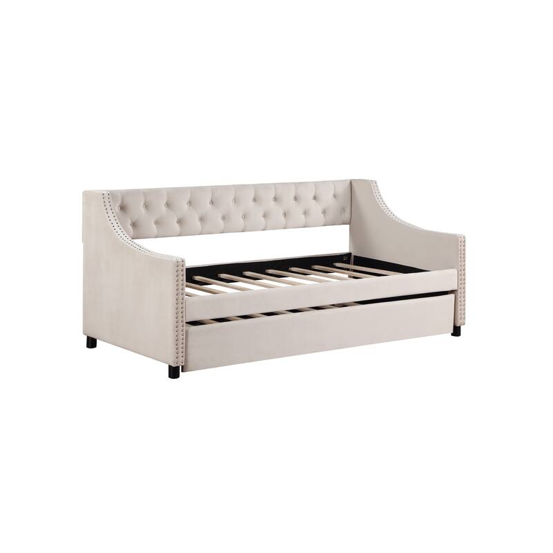 Modern Upholstered Tufted Daybed with Trundle for Kids or Guests - Beige - Twin