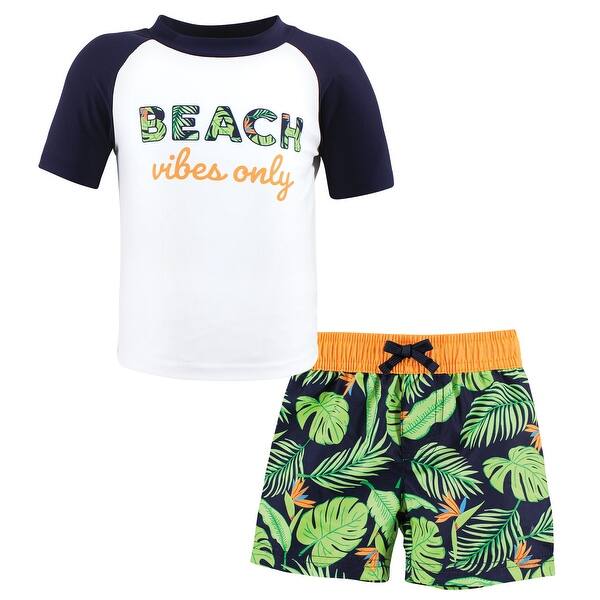 slide 1 of 1, Hudson Baby Boys Swim Rashguard Set, Navy Palm Navy Palm - 2T