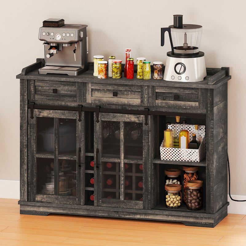 53" Barn Door Buffet Coffee Bar Cabinet with Wine Rack, Kitchen Sideboard Storage Cabinet