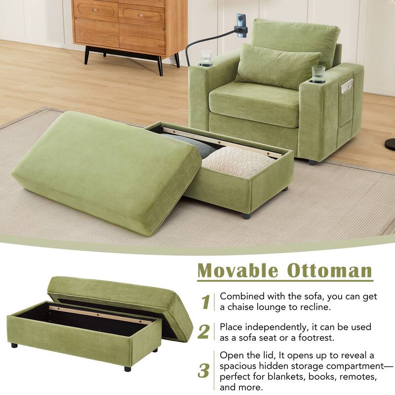 Chaise Lounge Sofa Couch with a Movable Storage Ottoman, Two USB Ports, Two Cup Holders, a Phone Holder，Side Pockets