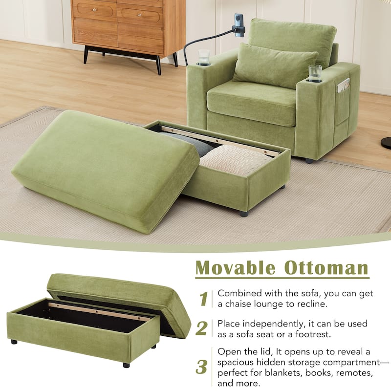 Modern Style Armchair with a Movable Storage Ottoman, Two USB Ports, Two Cup Holders, a Phone Holder and Side Pockets