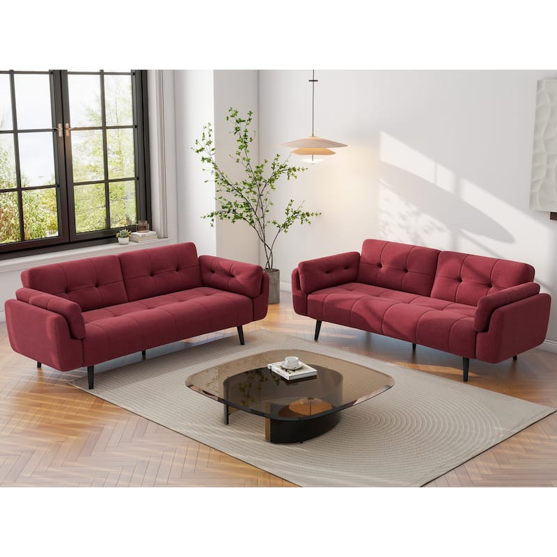 2Set Adjustable Backrest Convertible Futon Sleeper Couch - Red-2Set