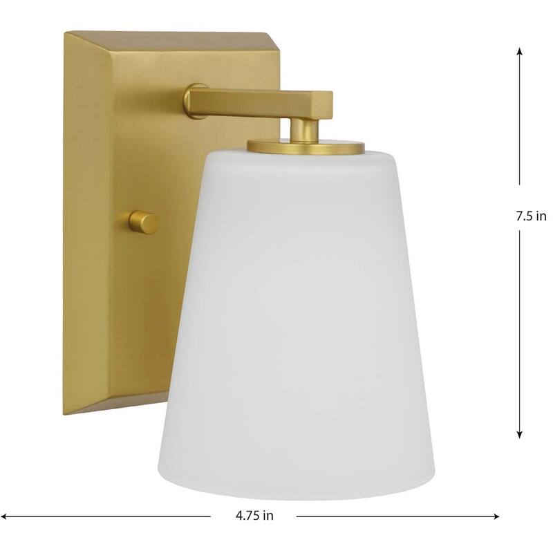 Vertex Collection One-Light Brushed Gold Etched White Glass Contemporary Bath Light - 4.75 in x 6.25 in x 7.5 in