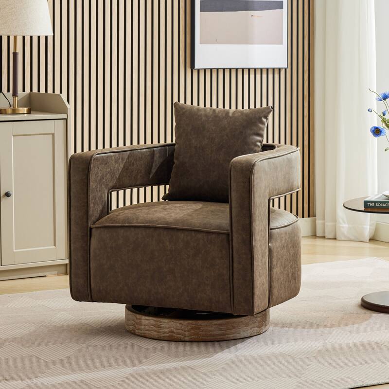 Modern Swivel Chair,PU leather Barrel Chair with Wooden Base and pillow