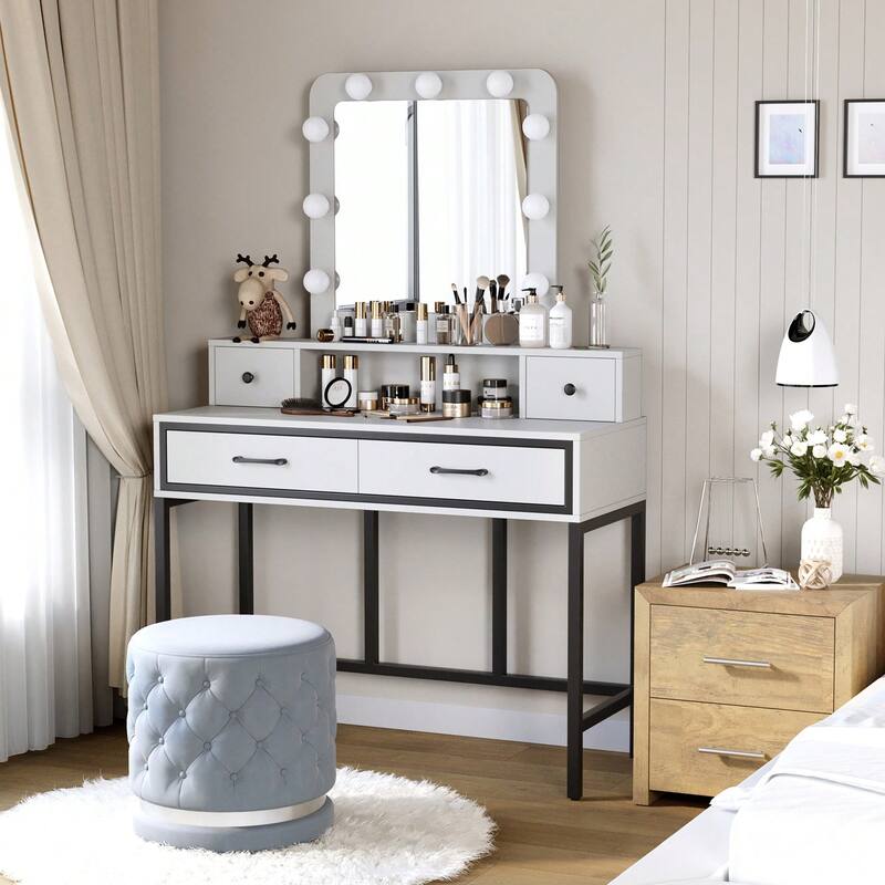 Sunvivi Makeup Vanity With 3 Color Dimmable Lighted Hollywood Mirror