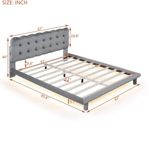 dimension image slide 1 of 2, Queen Velvet Thick Fabric Upholstered Bed LED Bed Platform Bed with LED, Thick & Soft Fabric and Button-tufted Design Headboard