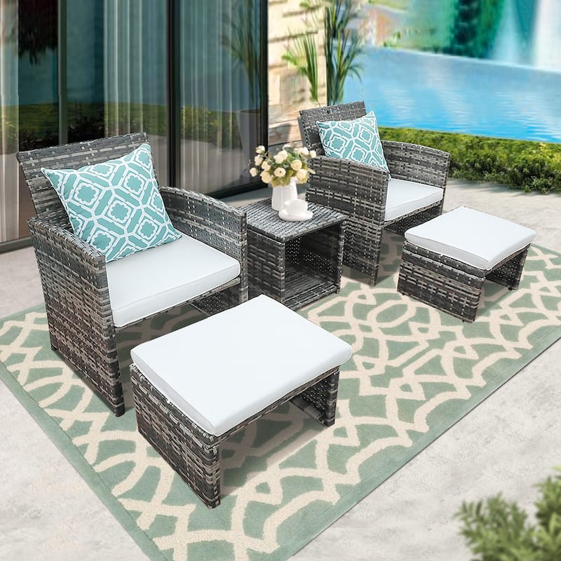 5-piece Outdoor Wicker Seating Set with Chair, Ottoman and Cushion - Grey