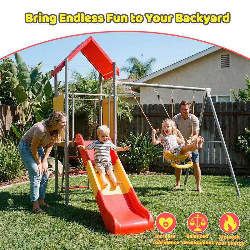 Metal and Plastic Treehouse Swing Set with Slide, Belt Swings, and Canopy Safe, Sturdy, and Portable for Kids Ages 3-8