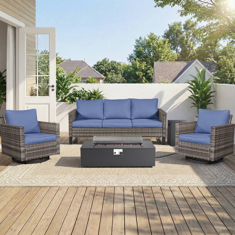 Pocassy Patio 5/7PCS Sofa Swivel Chair Ottoman with Fire Pit Table - Gray Wicker Blue Cushion - 5-Piece Sofa Swivel Chair with Fire Pit Table