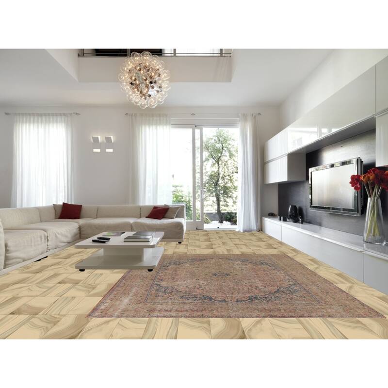 Distressed Pink Mashad Persian Antique Rug Hand-Knotted Wool Carpet - 9'8" x 12'5"