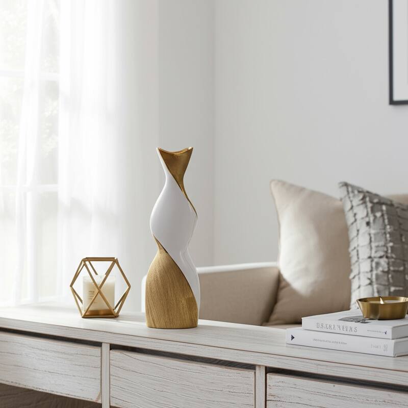 Contemporary Ceramic Twisted Vase -White and Gold Floral Vase