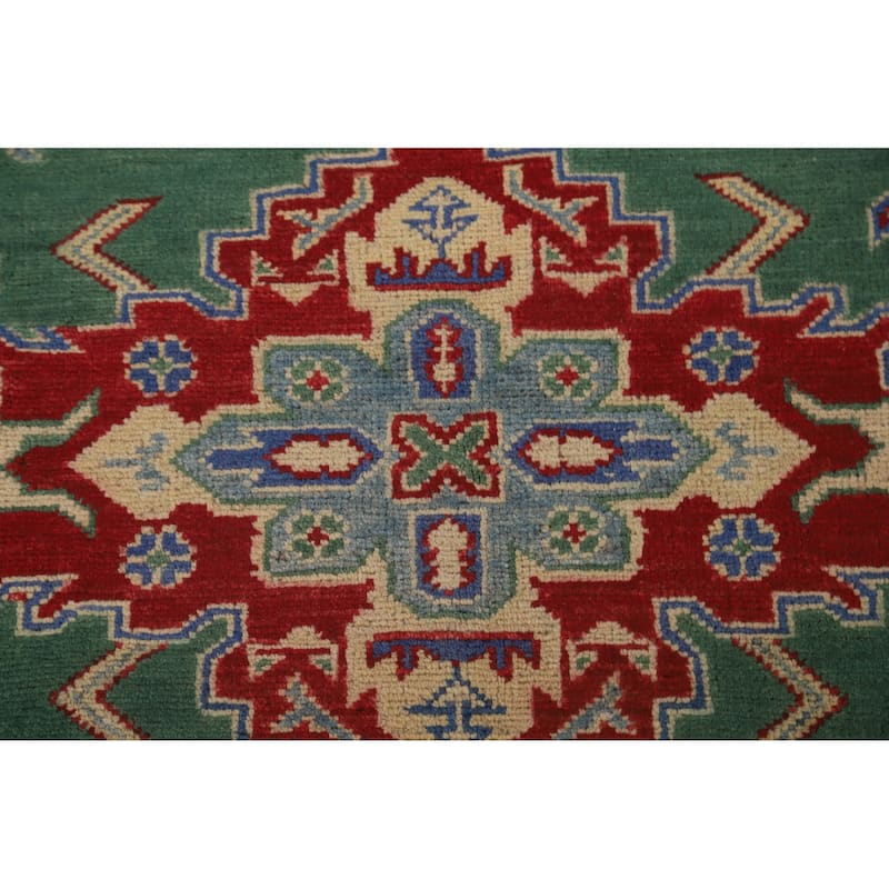 Green Geometric Kazak Area Rug Hand-Knotted Wool Carpet - 4'11" x 6'1"