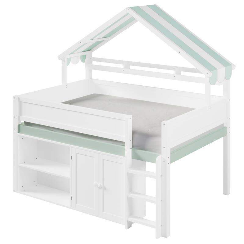Full Size Loft Bed with Storage Cabinet and House-shaped Canopy Roof Built-in Storage Shelves