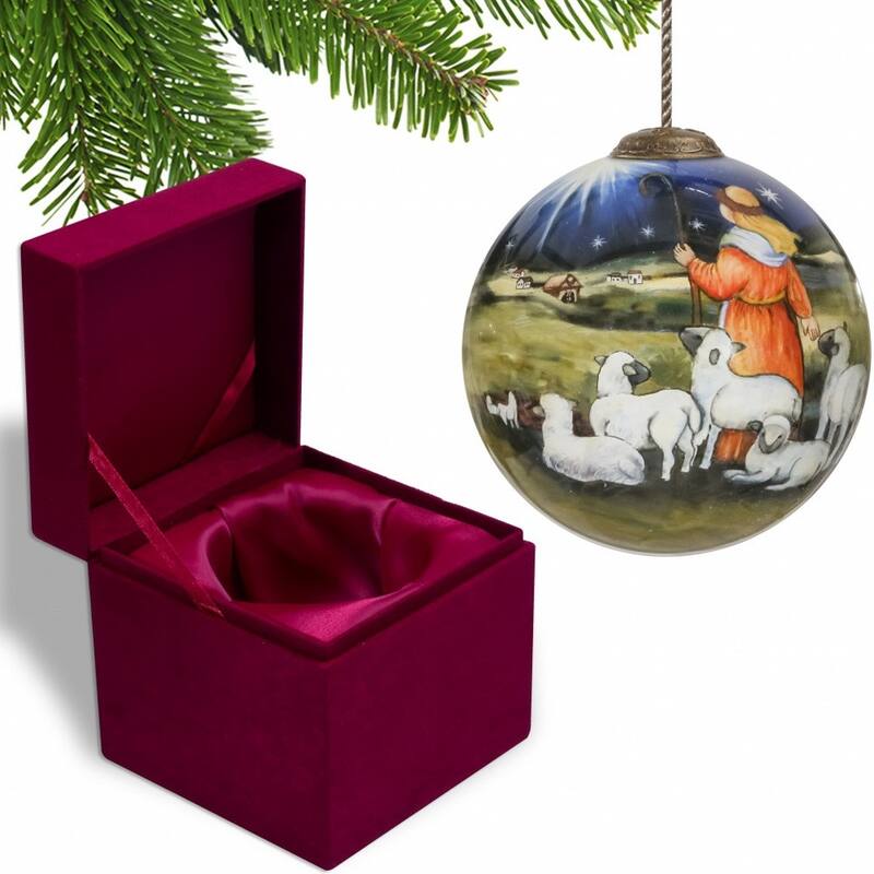 Shepherd Gazing Into the Star of Bethlehem Hand Painted Mouth Blown Glass Ornament - 3"x 3" x 3"