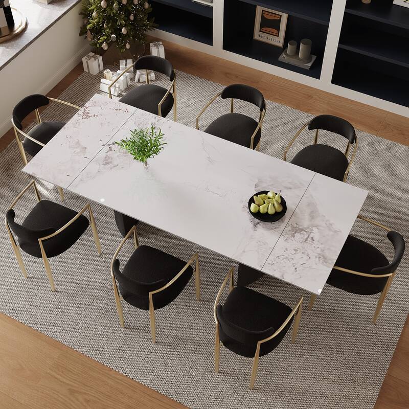 9 - Piece 94.48'' Modern Minimalist Extendable Sintered Stone Top Double Pedestal Dining Set With 8 Fabric Chairs
