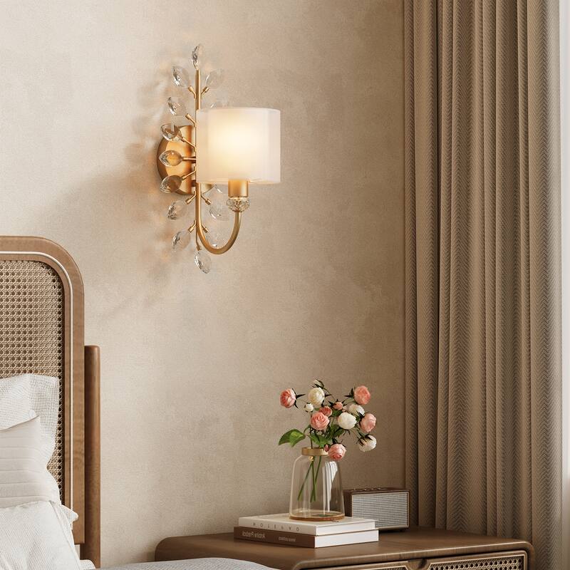 Crystal Wall Sconce with 2-Tier Shade, Bathroom Vanity Light - 5.5'' W × 9.1'' D × 15.9'' H