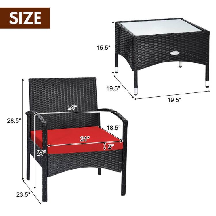 3 Pieces Patio Wicker Rattan Furniture Set with Cushion for Lawn Backyard - 19.5" x 19.5" x 15" (L x W x H)