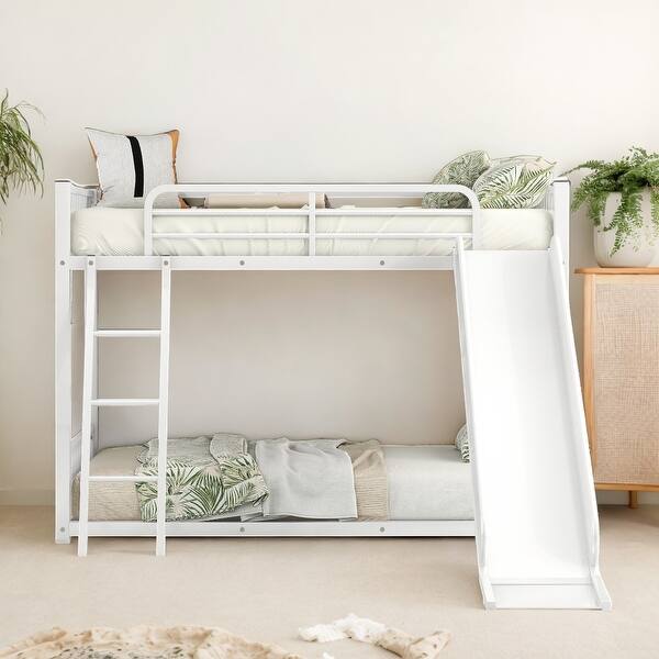 slide 2 of 9, Twin Over Twin Metal Bunk Kids Bed with Slide, Inclined Ladder & Strong Slats, No Box Spring Needed, Easy to Assenble, Black Black