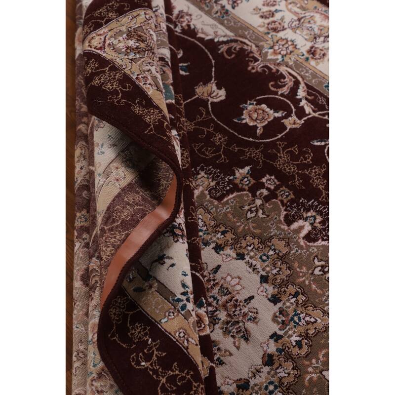 Burgundy Red Floral Kashan Turkish Rug Machine-Made Carpet - 6'7" x 9'10"
