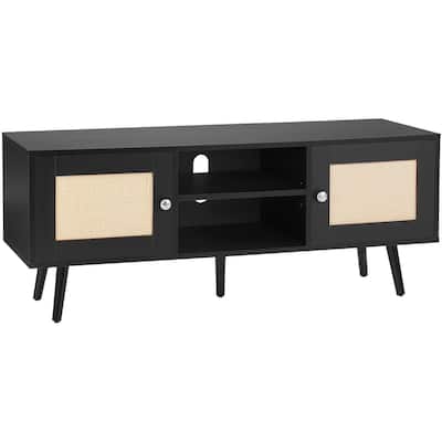 Rattan TV Stand, Mid Century Modern TV Stand, Boho Rattan TV Cabinet with Build-in Socket and USB Ports, Adjustable Shelfs
