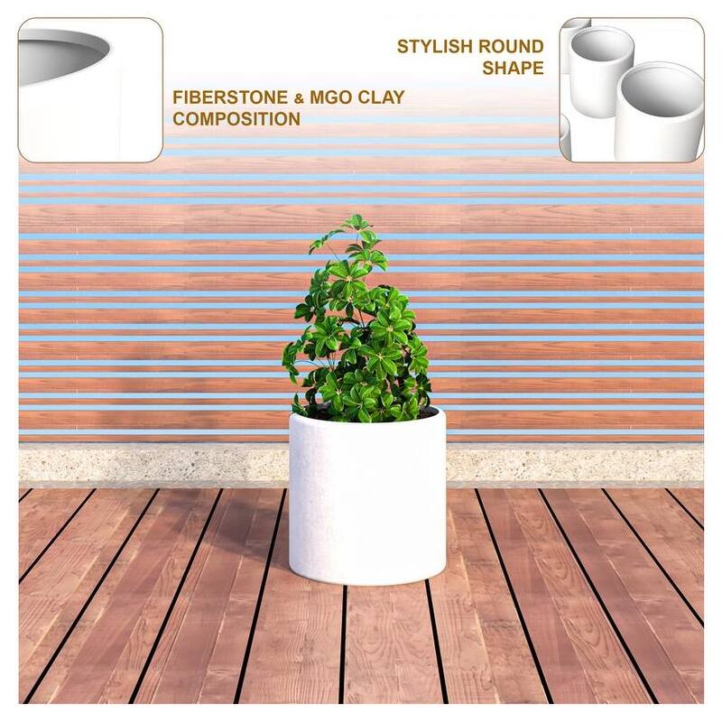 Tundra Round Fiberstone Planter, Modern 14"-30" Pot with Drainage for Indoor/Outdoor Use