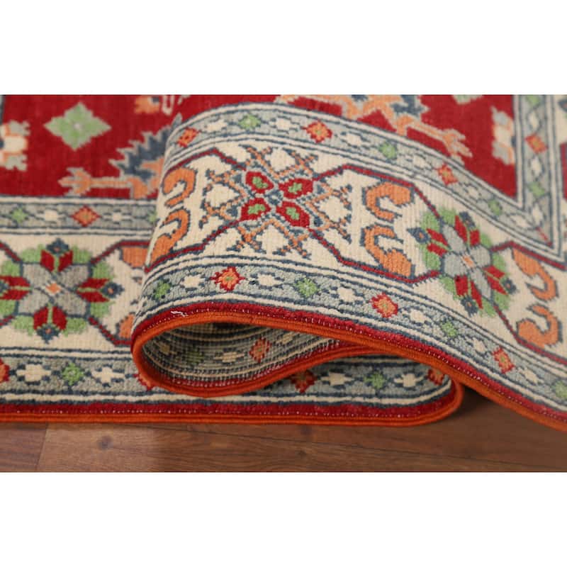 Red Geometric Kazak Accent Rug Hand-Knotted Traditional Wool Carpet - 3'4" x 4'10"