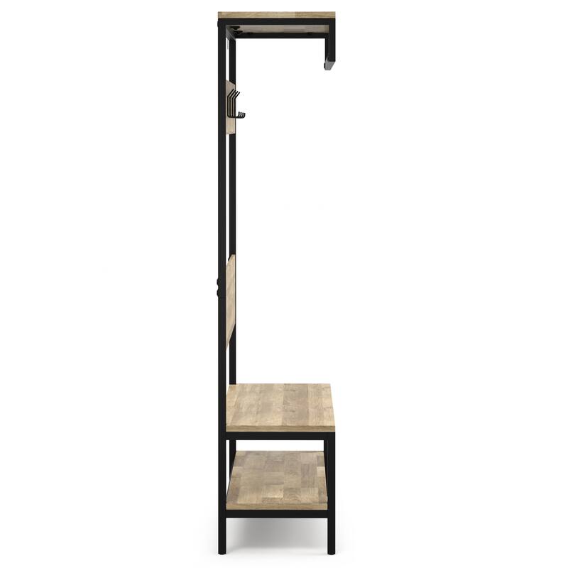 Westmont Solid Mango Wood Hall Tree with Bench, Open Storage, Hooks & Industrial Metal Frame