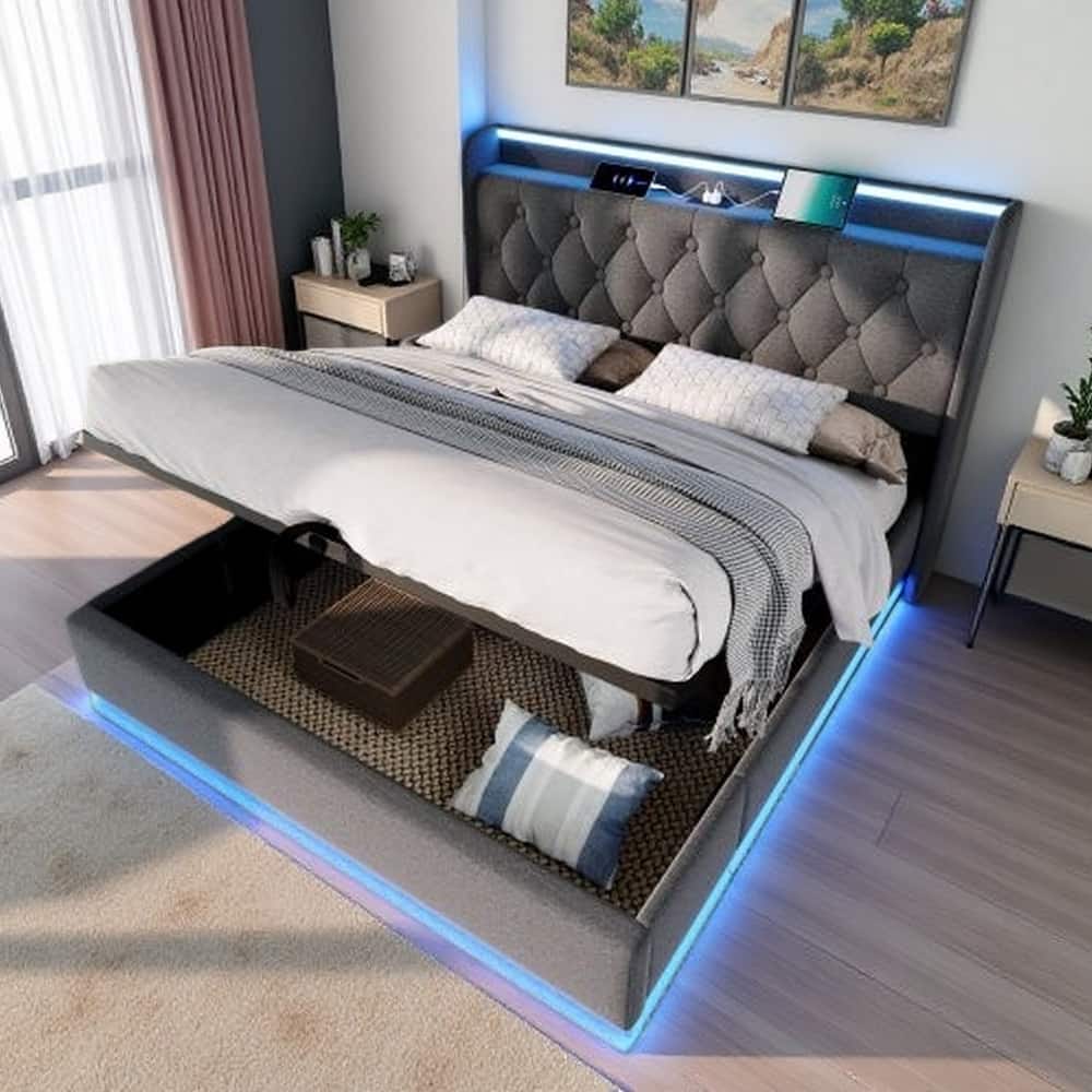 King Size Upholstered Storage Bed with 360° LED Lights, USB & Type-C Charging Ports, Hydraulic Lift, App/Remote Control