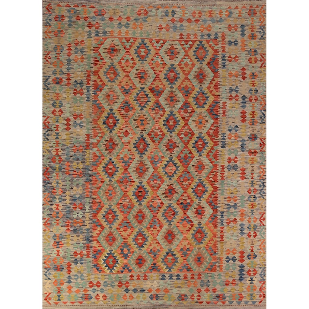 Geometric Kilim Reversible Area Rug Flatweave Wool Carpet - 8'5"x 11'2"