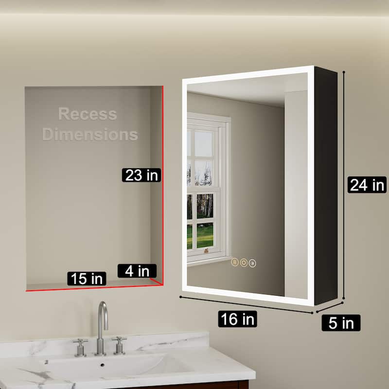 16 in. W x 24 in. H Rectangular Aluminum LED Dimmable Medicine Cabinet with Mirror - 16*24 Left hinge